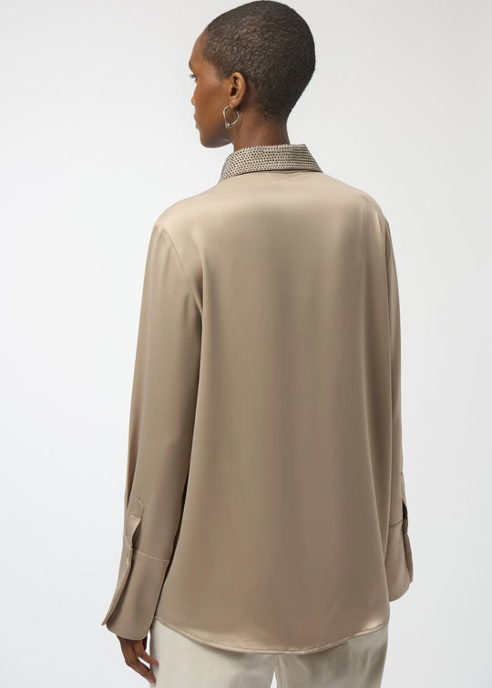 back view of plus size Joseph Ribkoff Satin Blouse with Embellished Collar in Fawn