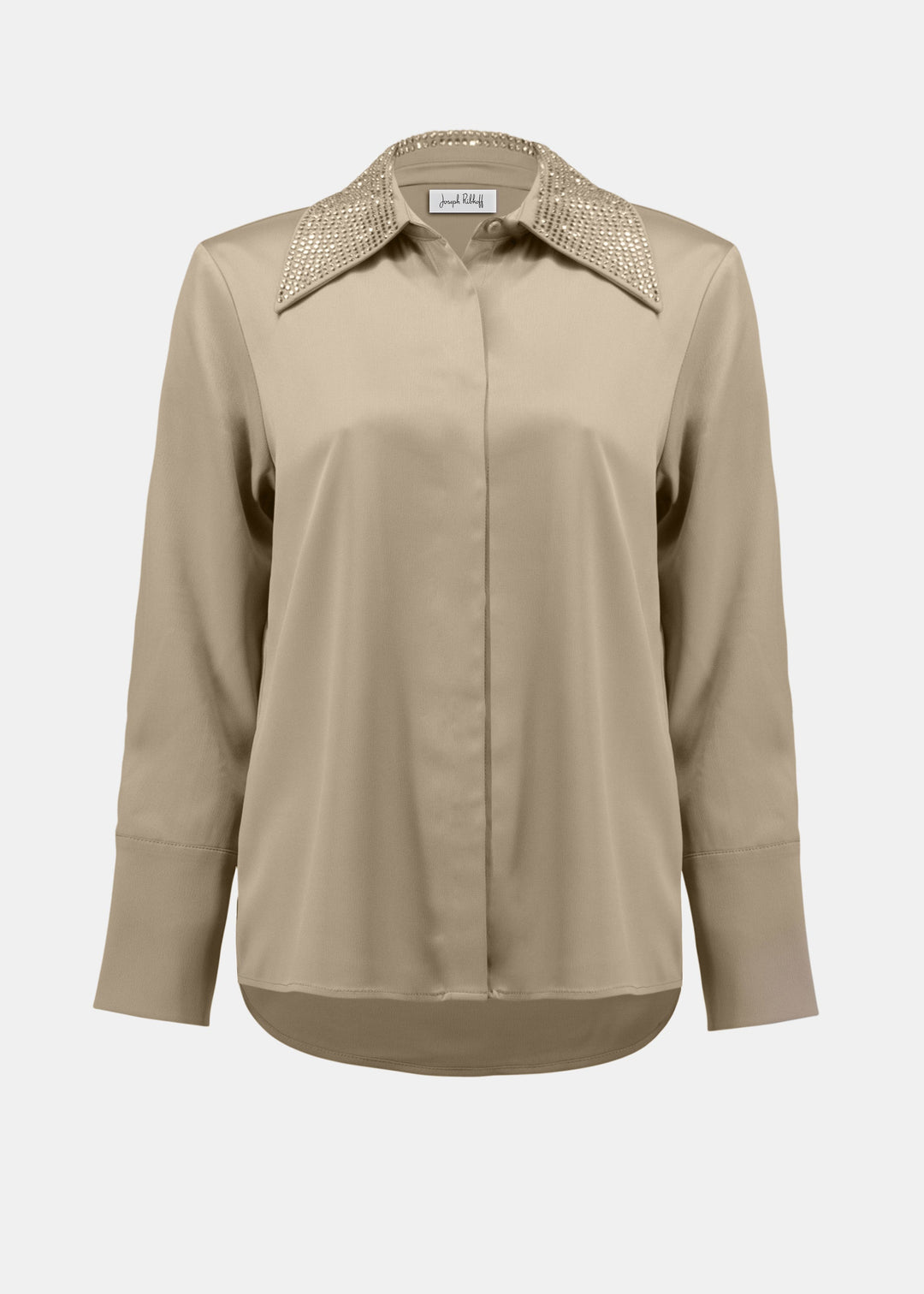 front view of plus size Joseph Ribkoff Satin Blouse with Embellished Collar in Fawn