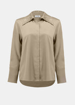 front view of plus size Joseph Ribkoff Satin Blouse with Embellished Collar in Fawn