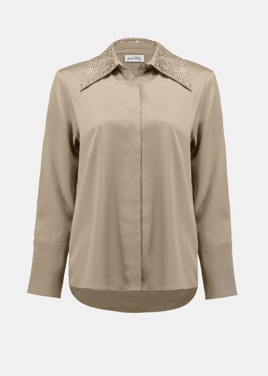 front view of plus size Joseph Ribkoff Satin Blouse with Embellished Collar in Fawn