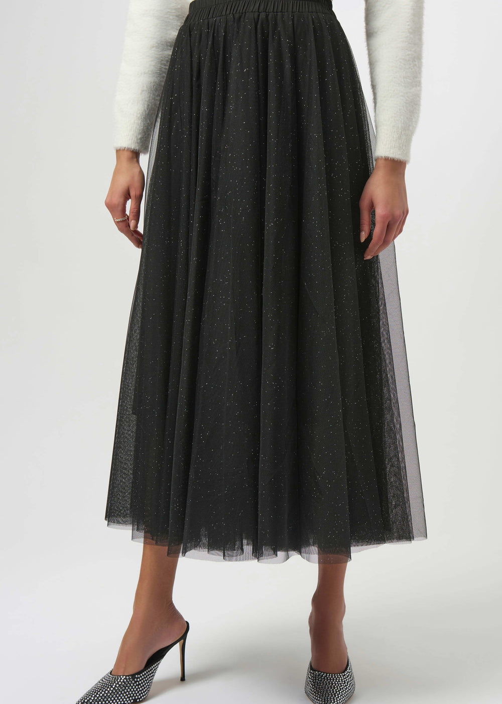 front view of plus size Joseph Ribkoff Tulled Flared Skirt in Black