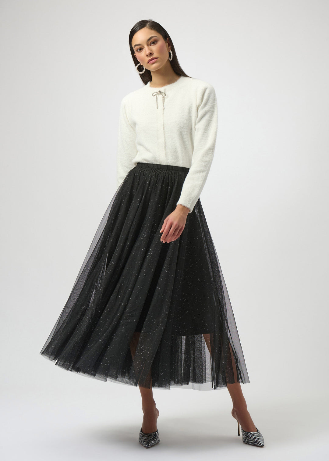 front view of plus size Joseph Ribkoff Tulled Flared Skirt in Black