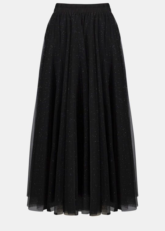 Front view of plus size Joseph Ribkoff Tulled Flared Skirt in Black