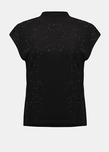 Front view of plus size Joseph Ribkoff Knit Cap Sleeve Sweater with Stud Detail in Black