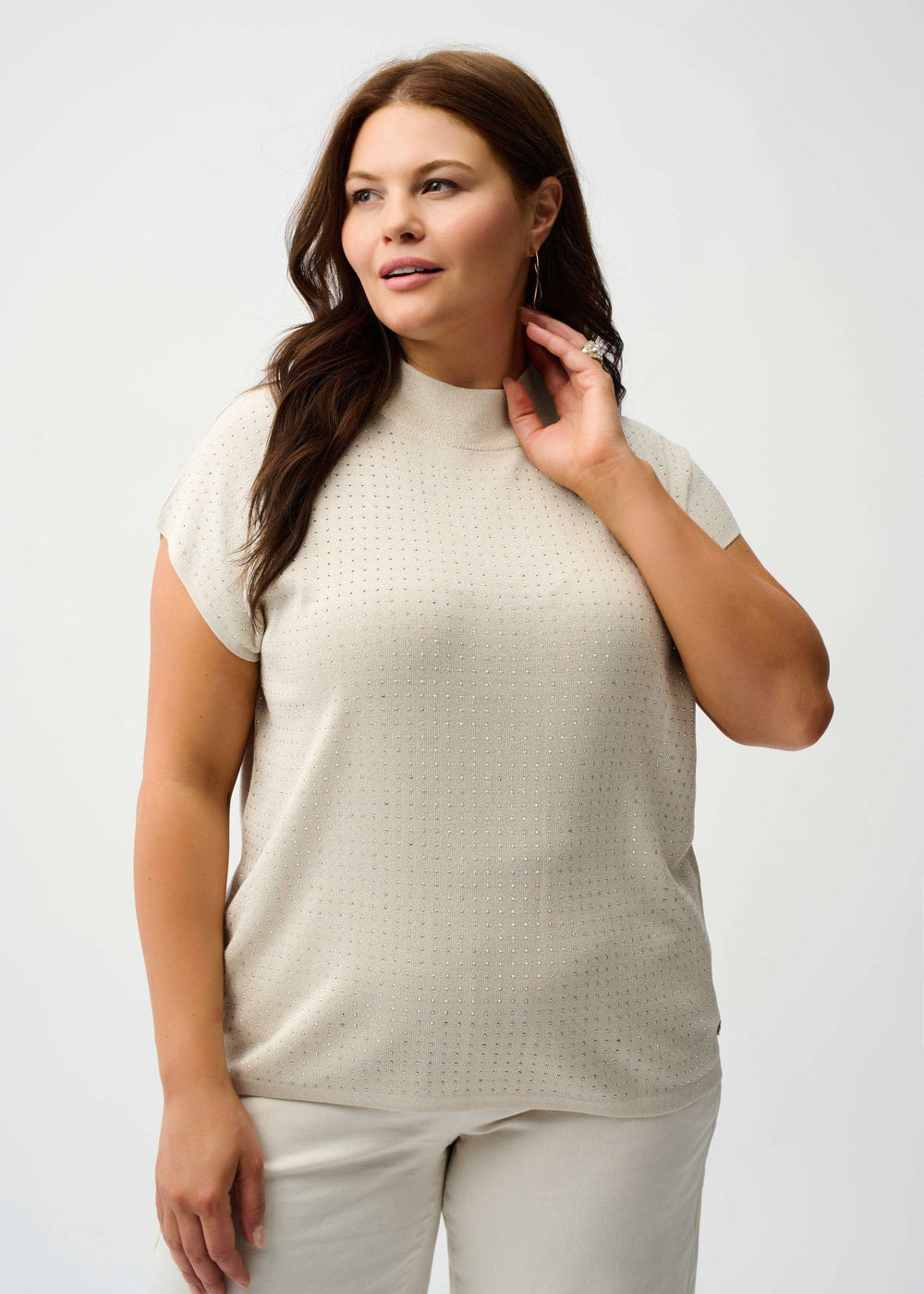 front view of plus size Joseph Ribkoff Knit Cap Sleeve Sweater with Stud Detail in Birch Silver