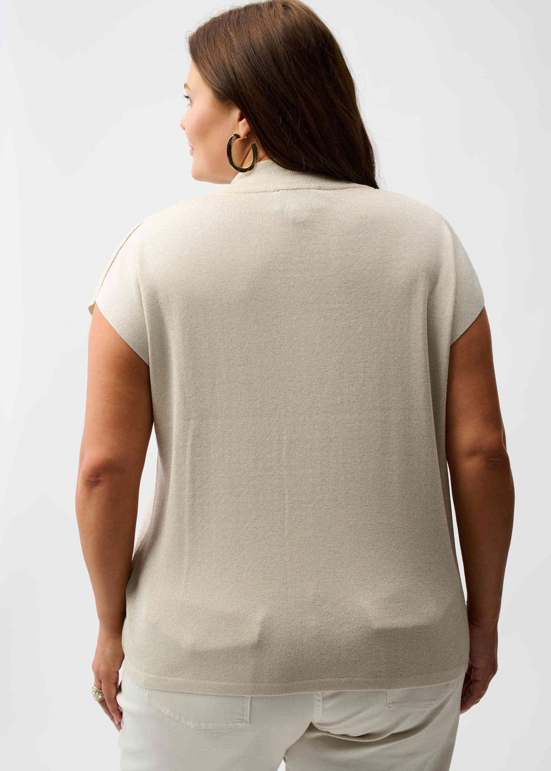 back view of plus size Joseph Ribkoff Knit Cap Sleeve Sweater with Stud Detail in Birch Silver