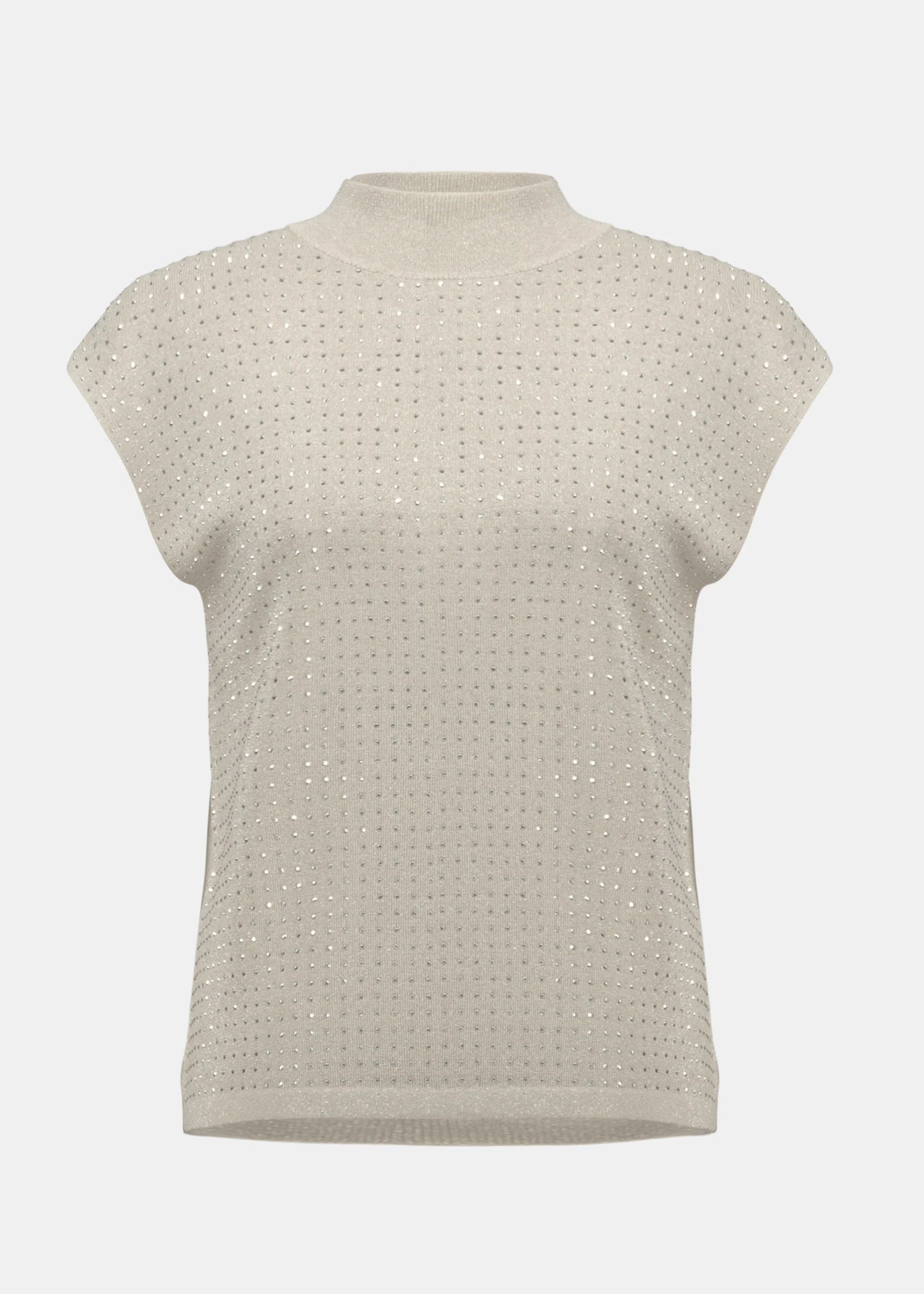 front view of plus size Joseph Ribkoff Knit Cap Sleeve Sweater with Stud Detail in Birch Silver