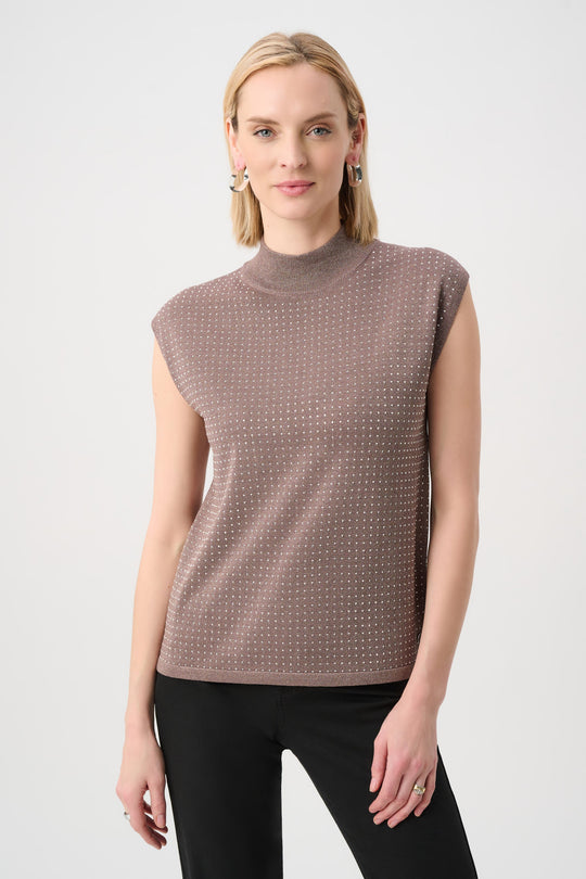 Mink sleeveless mock neck knit top with subtle gold-tone dot shimmer