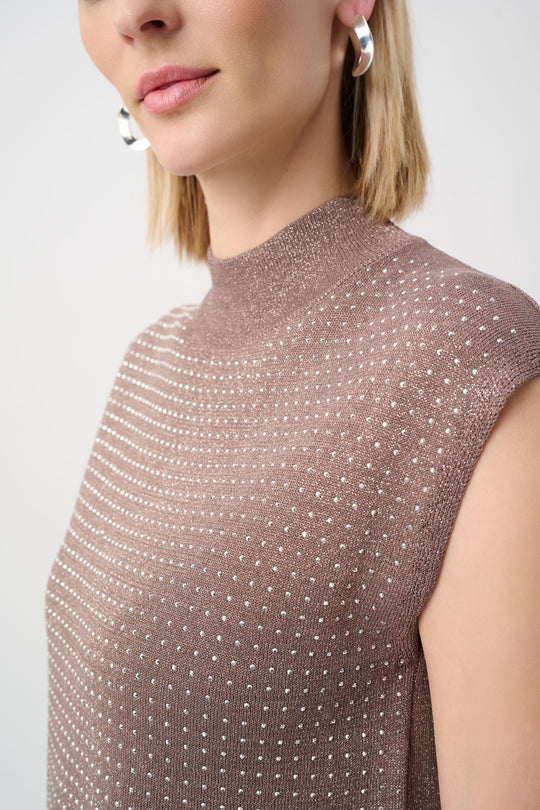 Mink mock neck sleeveless sweater with fine gold-tone dot embellishment