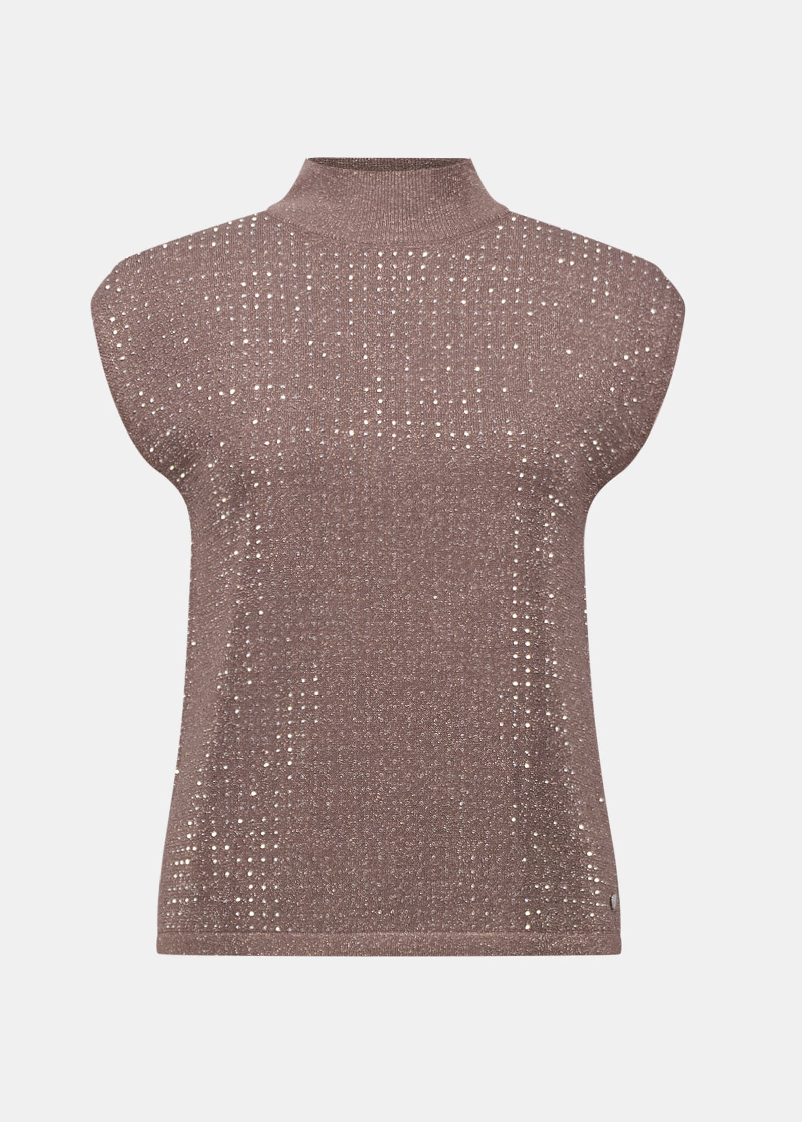 Mock neck sleeveless sweater in mink with gold iron-on detail
