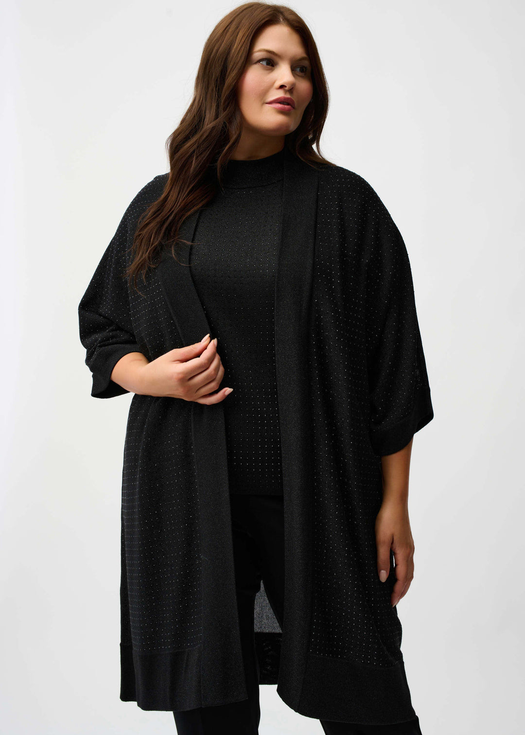 front view of plus size Joseph Ribkoff Sweater Knit cardigan with Stud Details in Black