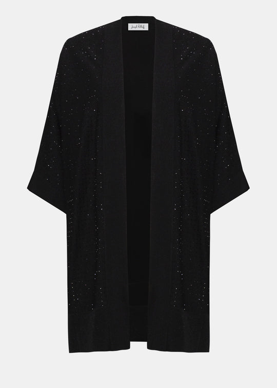 Front view of plus size Joseph Ribkoff Sweater Knit cardigan with Stud Details in Black