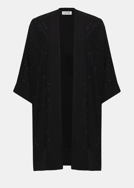 Front view of plus size Joseph Ribkoff Sweater Knit cardigan with Stud Details in Black