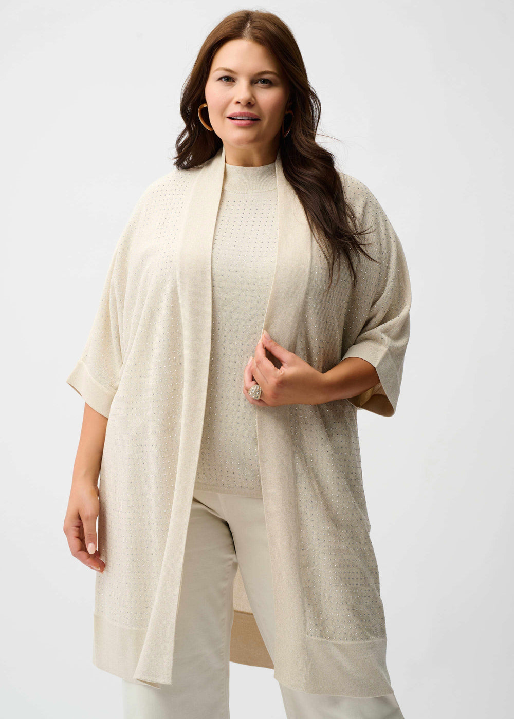 front view of plus size Joseph Ribkoff Sweater Knit cardigan with Stud Details in Birch Silver