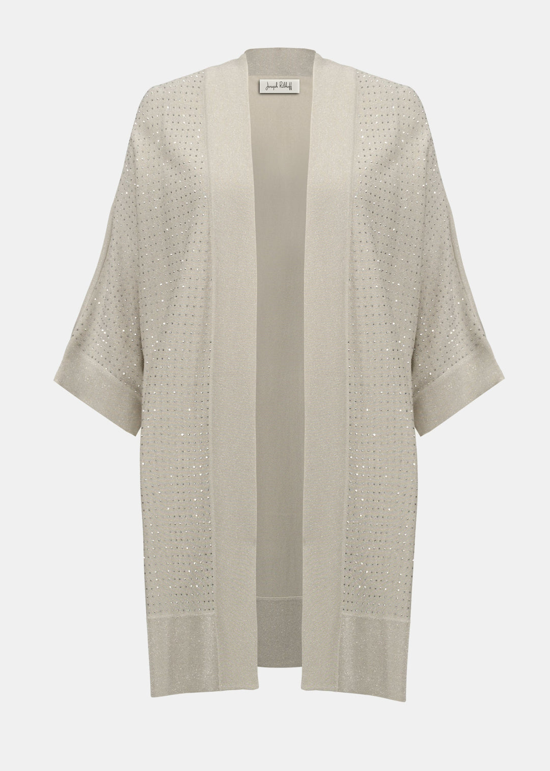 front view of plus size Joseph Ribkoff Sweater Knit cardigan with Stud Details in Birch Silver