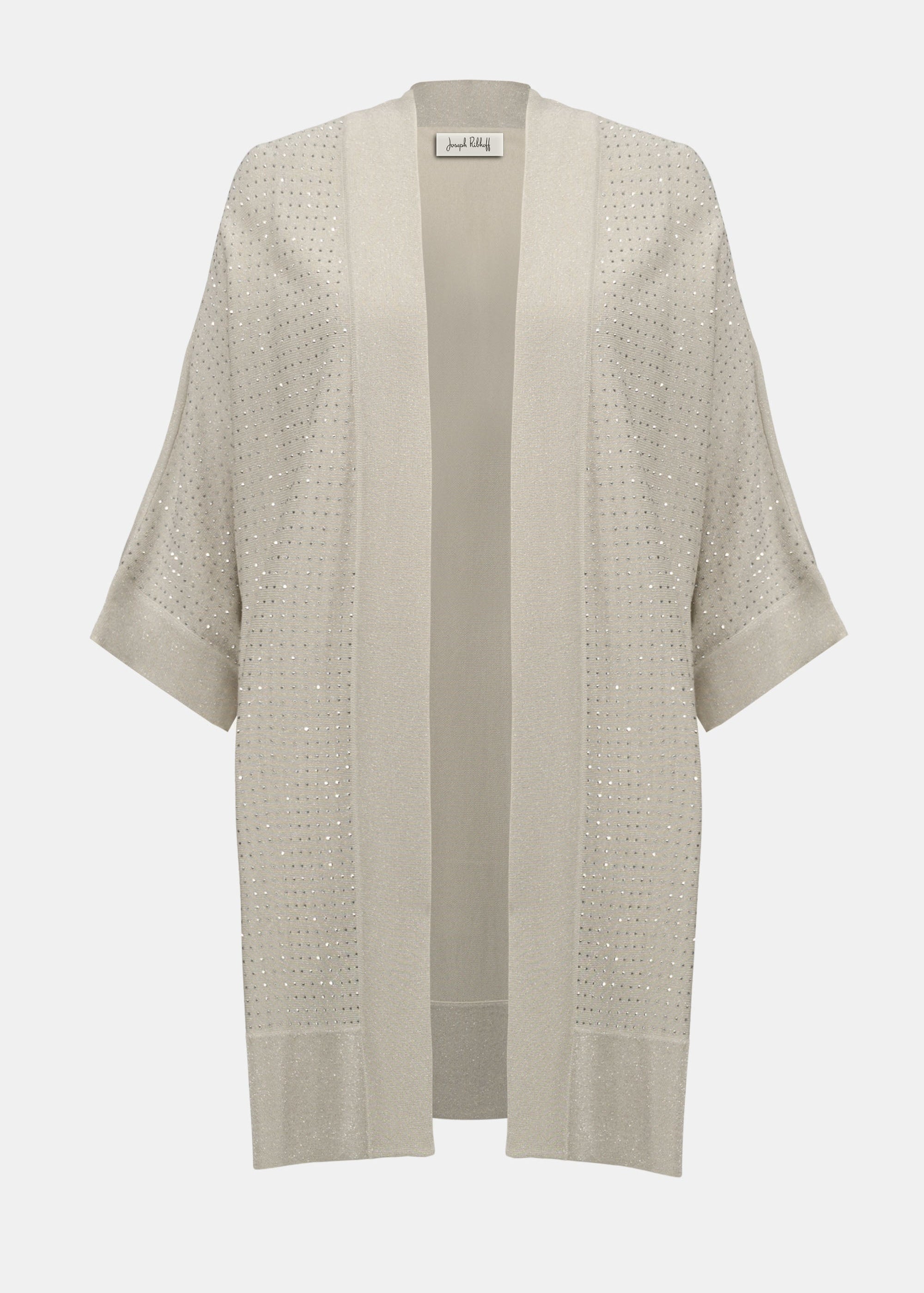 front view of plus size Joseph Ribkoff Sweater Knit cardigan with Stud Details in Birch Silver