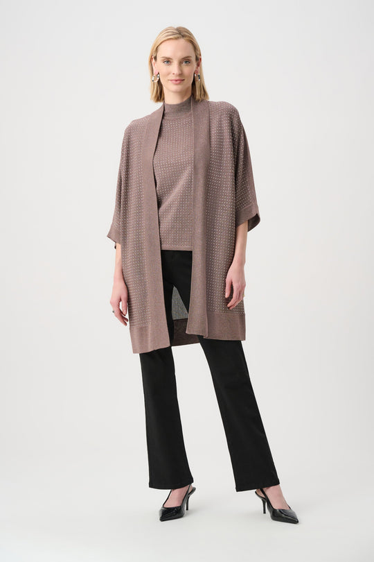 Mink open-front knit cardigan, loose drape sleeves over black pants