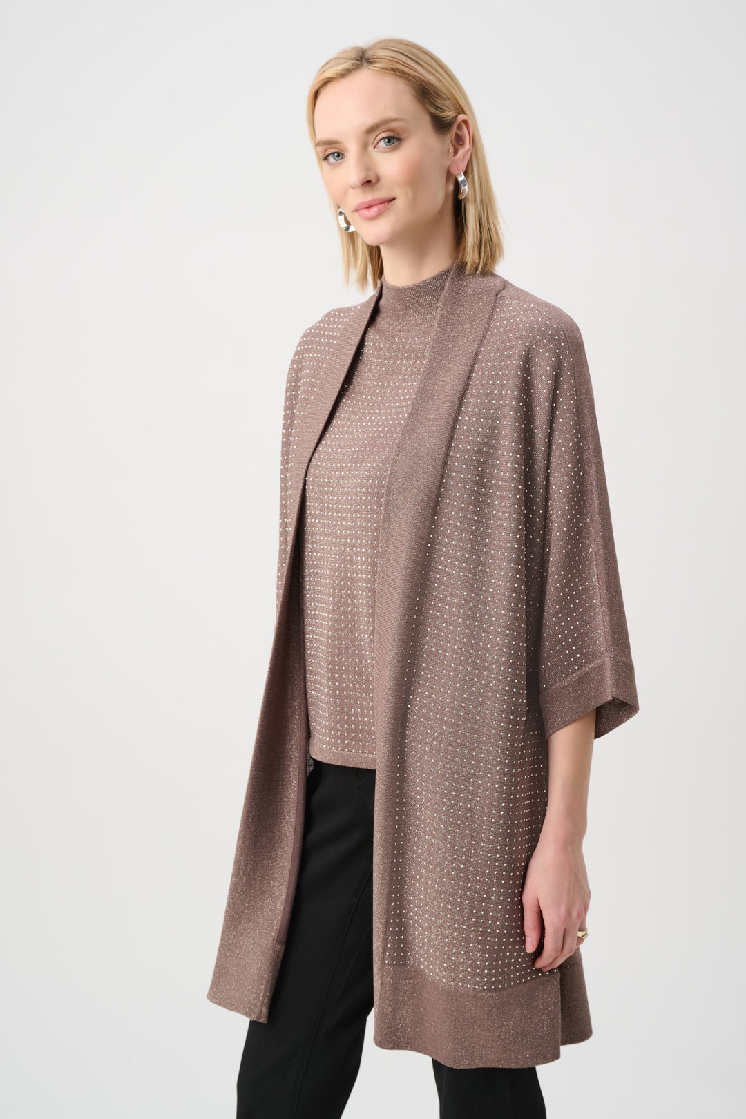 Mink knit open cardigan with sheer draped sleeves and dotted iron-on detail