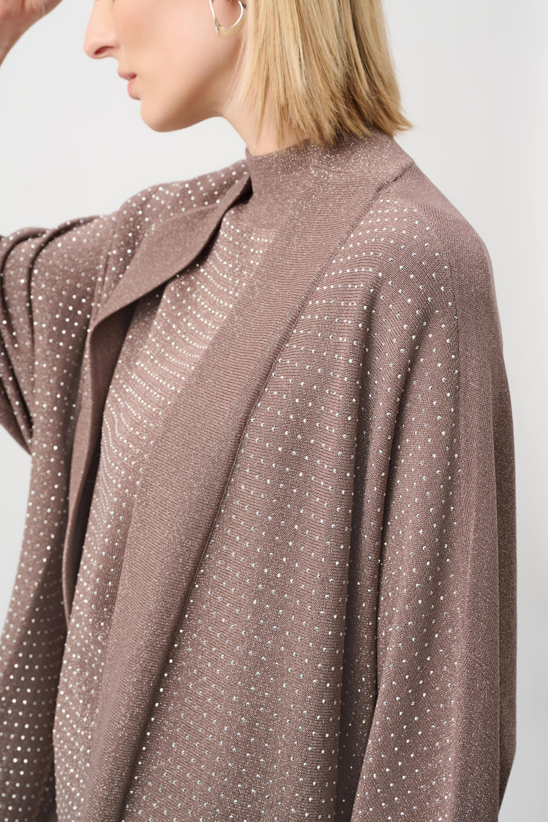 Mink knit cardigan with stand collar and dotted iron-on embellishment at neckline