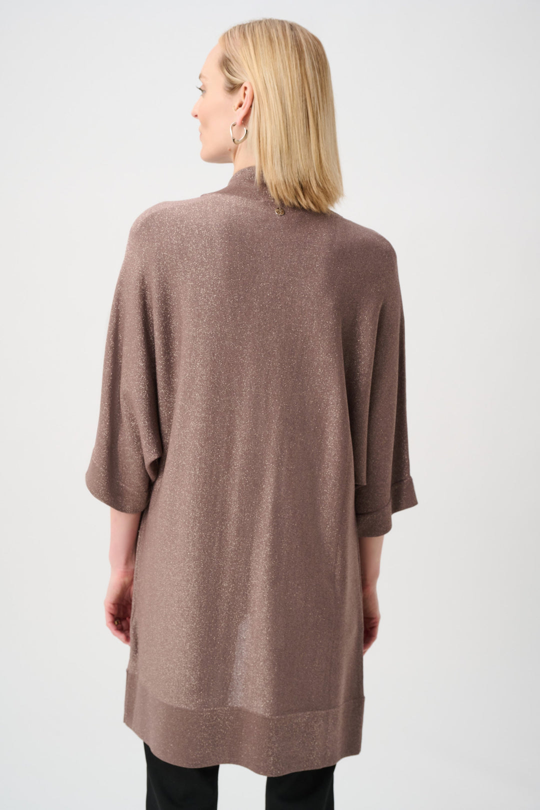 Mink knit open cardigan with 3/4 sleeves and solid back hemline