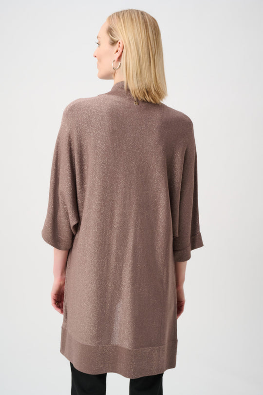 Mink knit open cardigan with 3/4 sleeves and solid back hemline