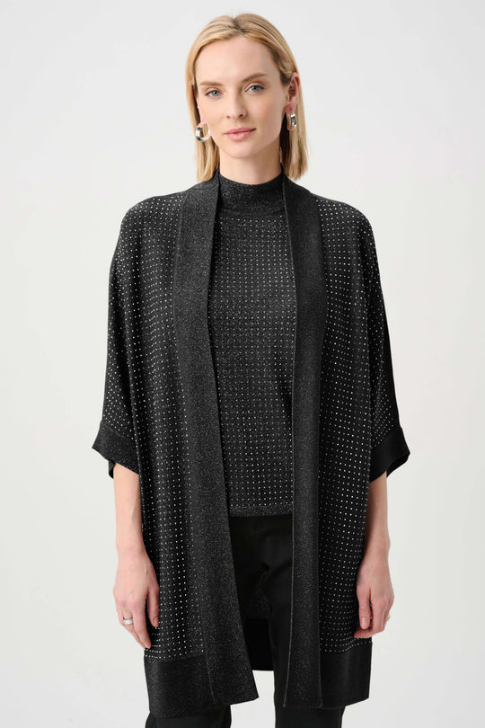 Black knit open-front cardigan with short sleeves and iron-on detail