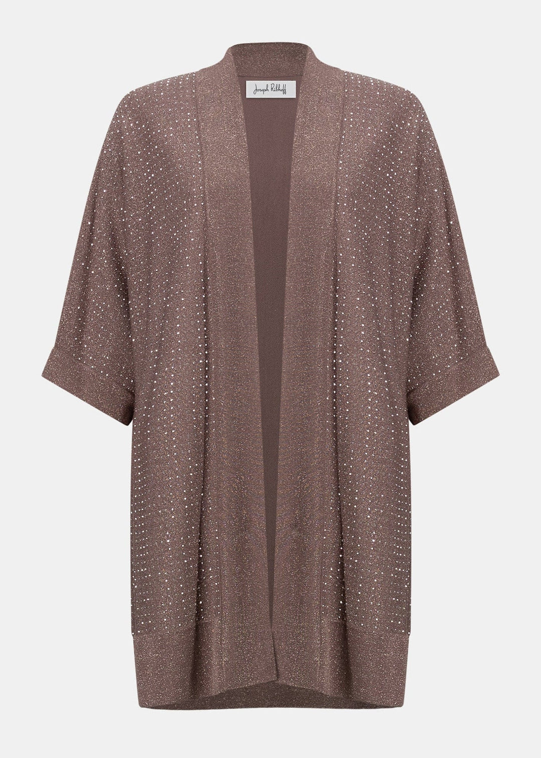 Mink knit open-front cardigan with short sleeves and gold speckle iron-on detail