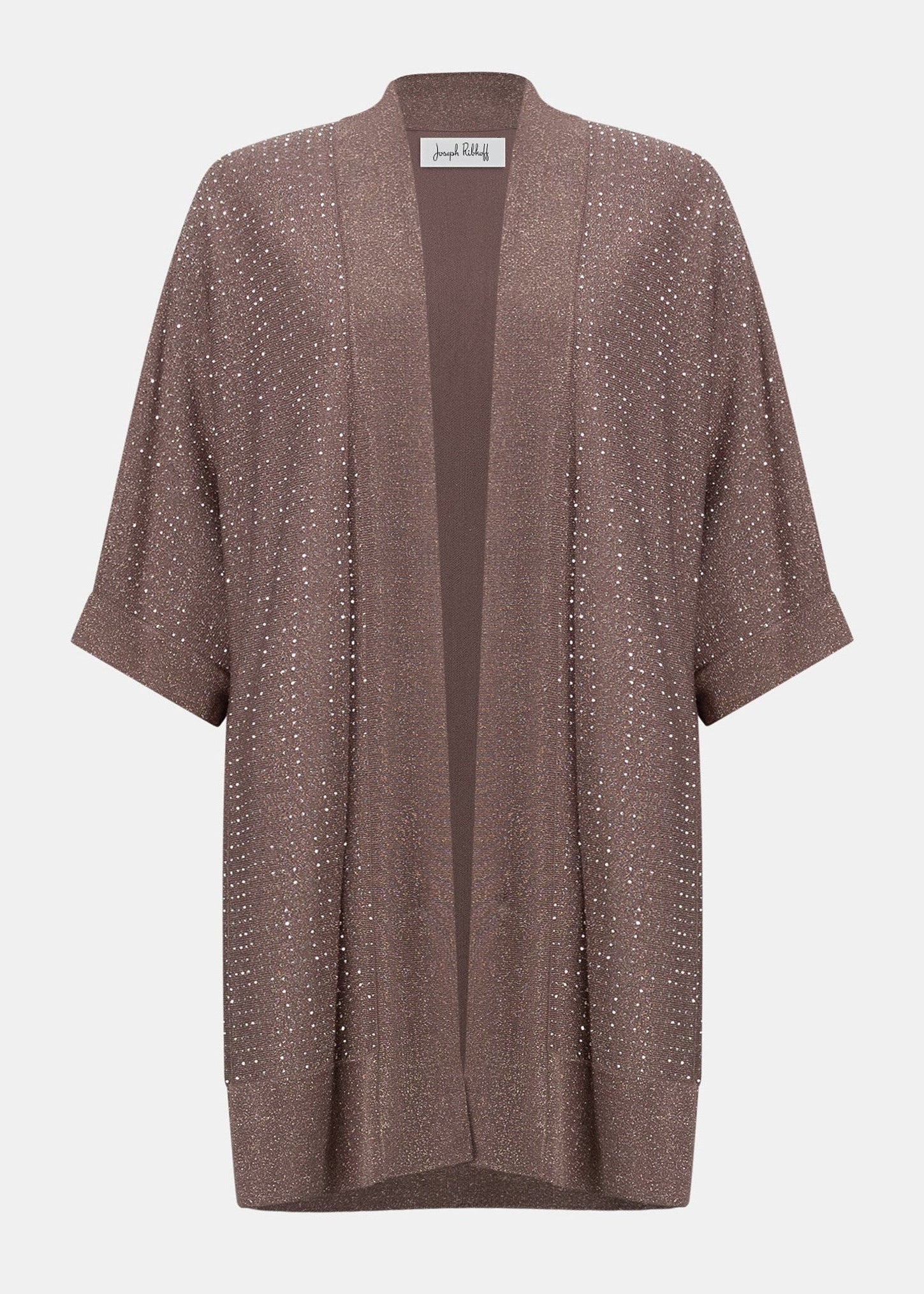 Mink knit open-front cardigan with short sleeves and gold speckle iron-on detail