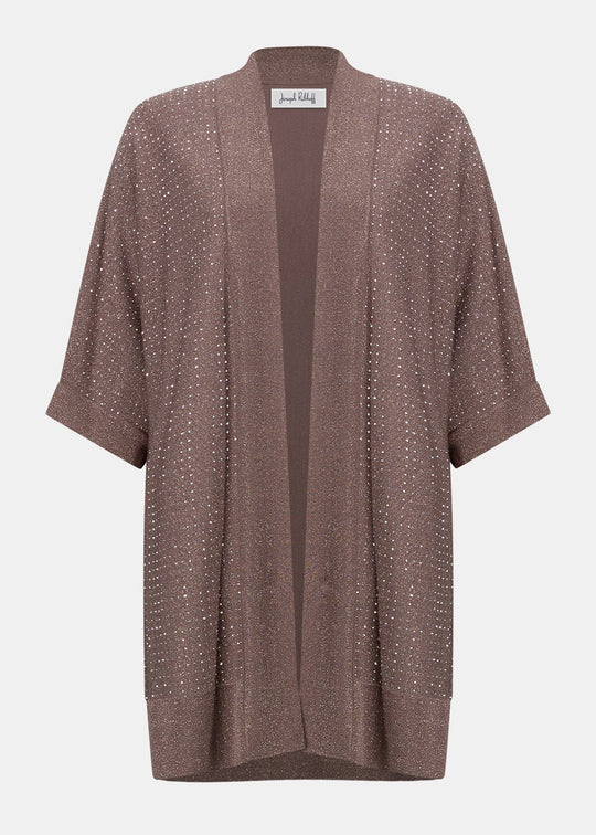 Mink knit open-front cardigan with short sleeves and gold speckle iron-on detail