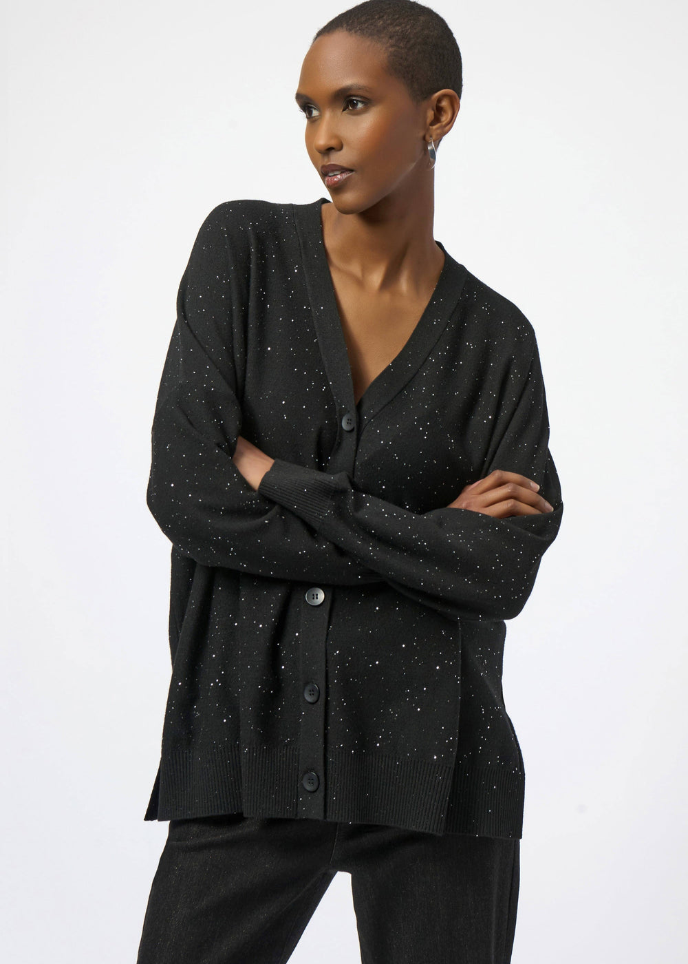 front view of plus size Joseph Ribkoff Sequin Knit Button Front Cardigan in Black