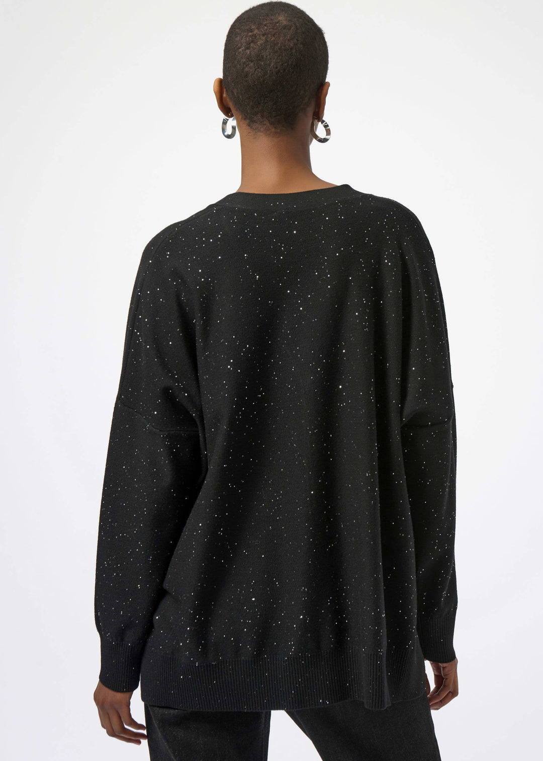 back view of plus size Joseph Ribkoff Sequin Knit Button Front Cardigan in Black