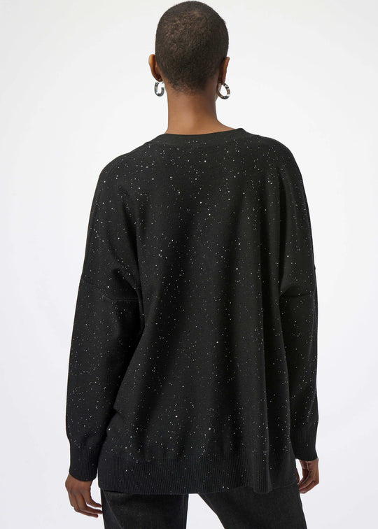 back view of plus size Joseph Ribkoff Sequin Knit Button Front Cardigan in Black