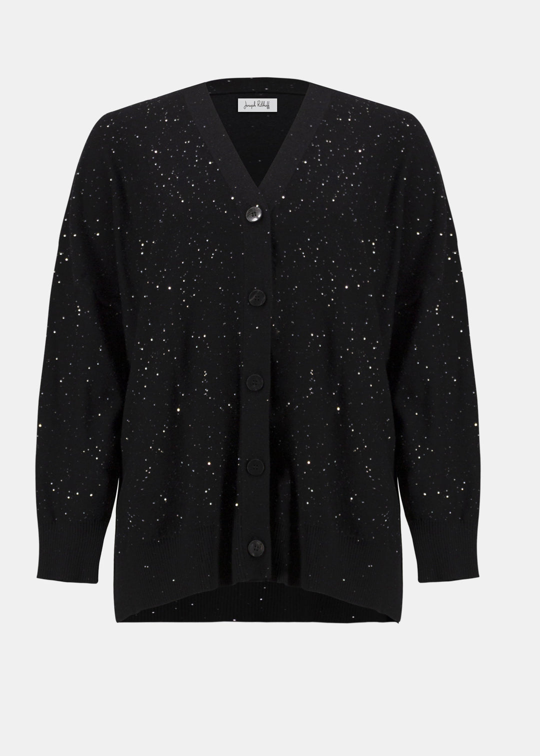 Front view of plus size Joseph Ribkoff Sequin Knit Button Front Cardigan in Black