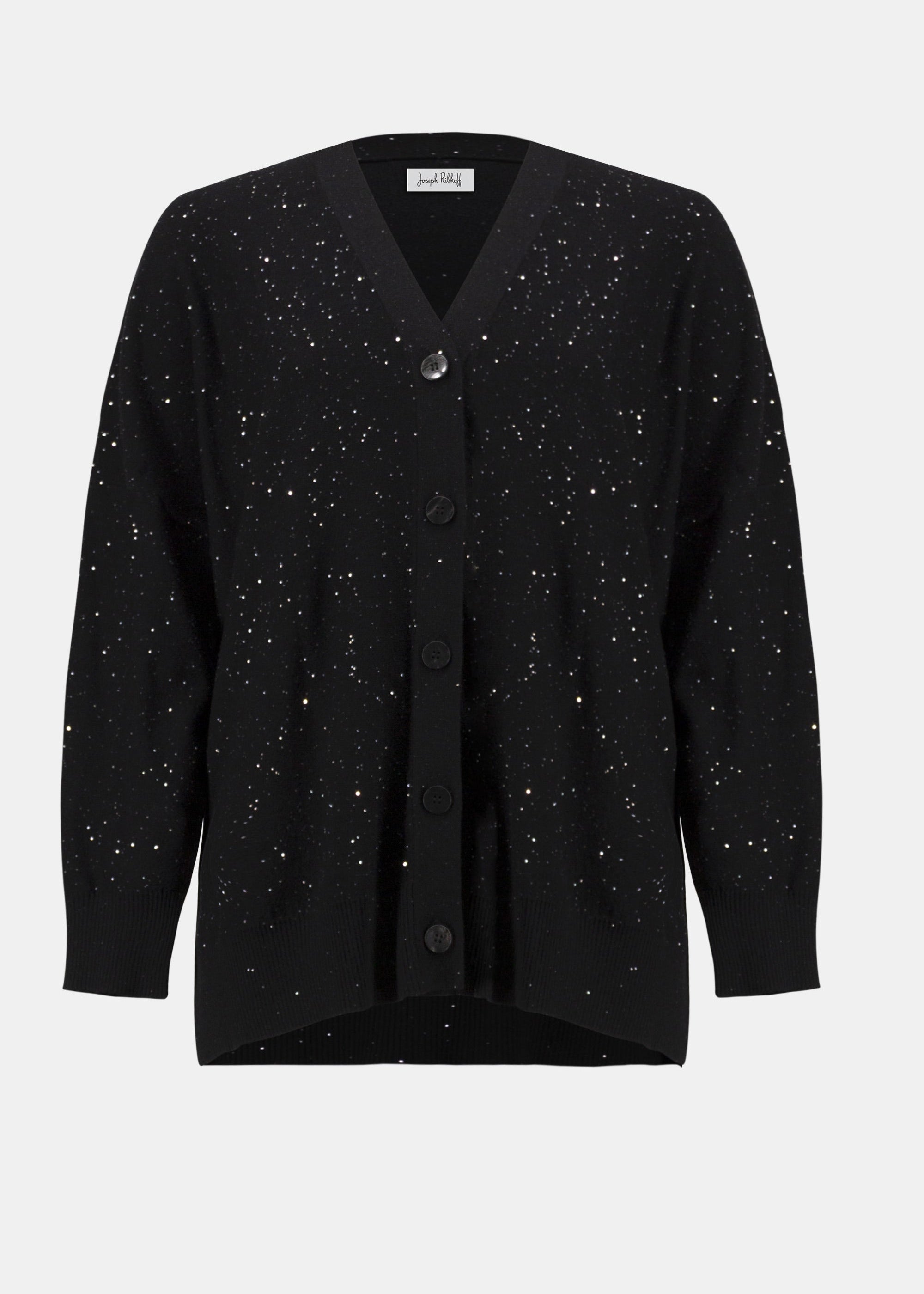 Front view of plus size Joseph Ribkoff Sequin Knit Button Front Cardigan in Black
