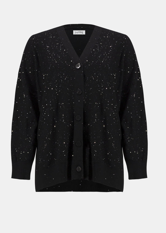 Front view of plus size Joseph Ribkoff Sequin Knit Button Front Cardigan in Black