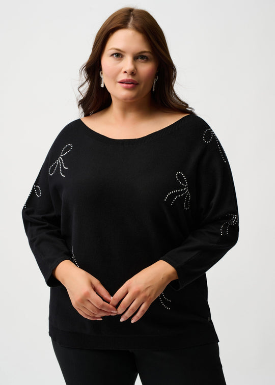front view of plus size Joseph Ribkoff Knit Pullover with Bow Motif in Black