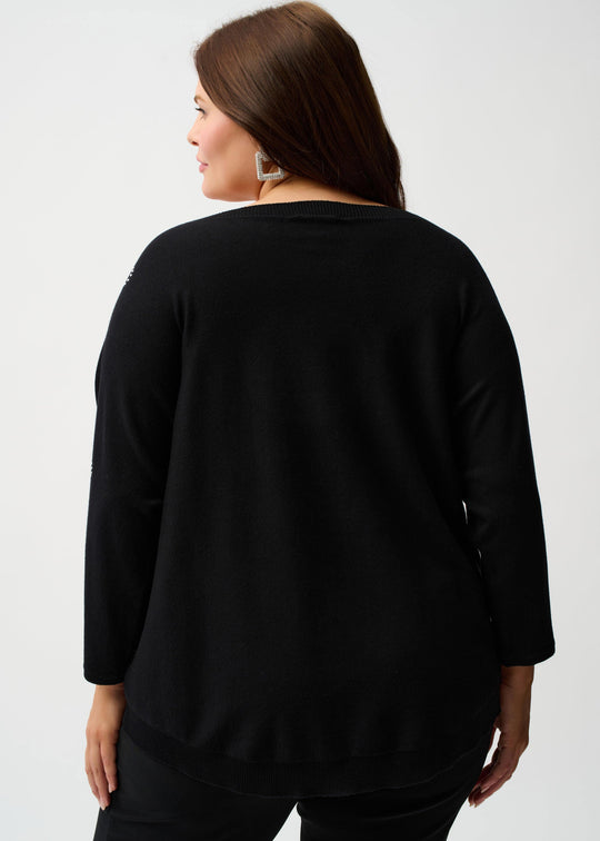 back view of plus size Joseph Ribkoff Knit Pullover with Bow Motif in Black