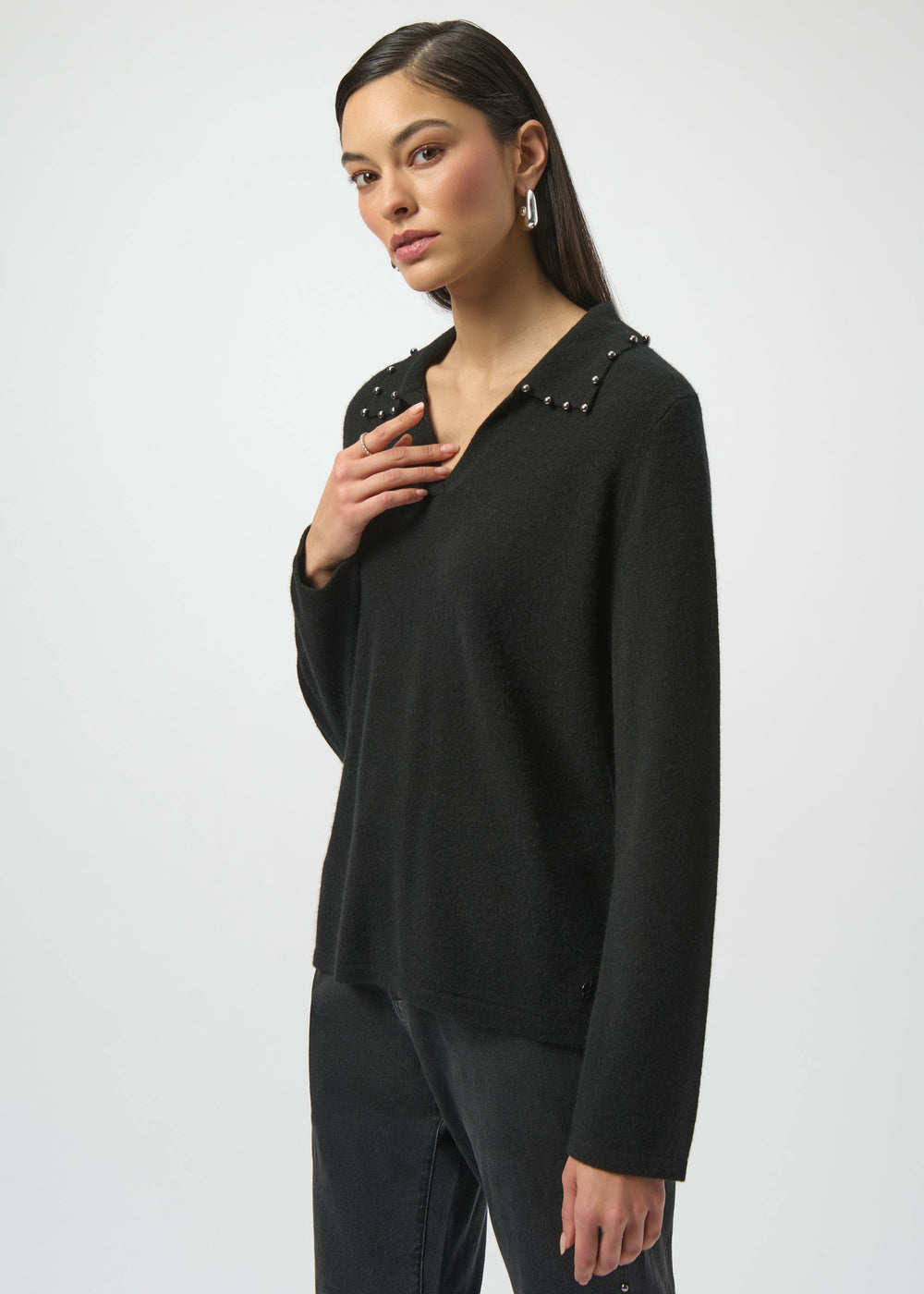 front view of plus size Joseph Ribkoff Cashmere Long Sleeve Sweater in Black