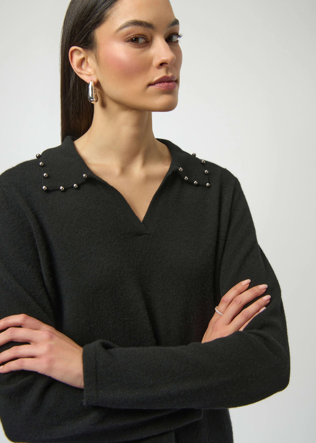 close up front view of plus size Joseph Ribkoff Cashmere Long Sleeve Sweater in Black