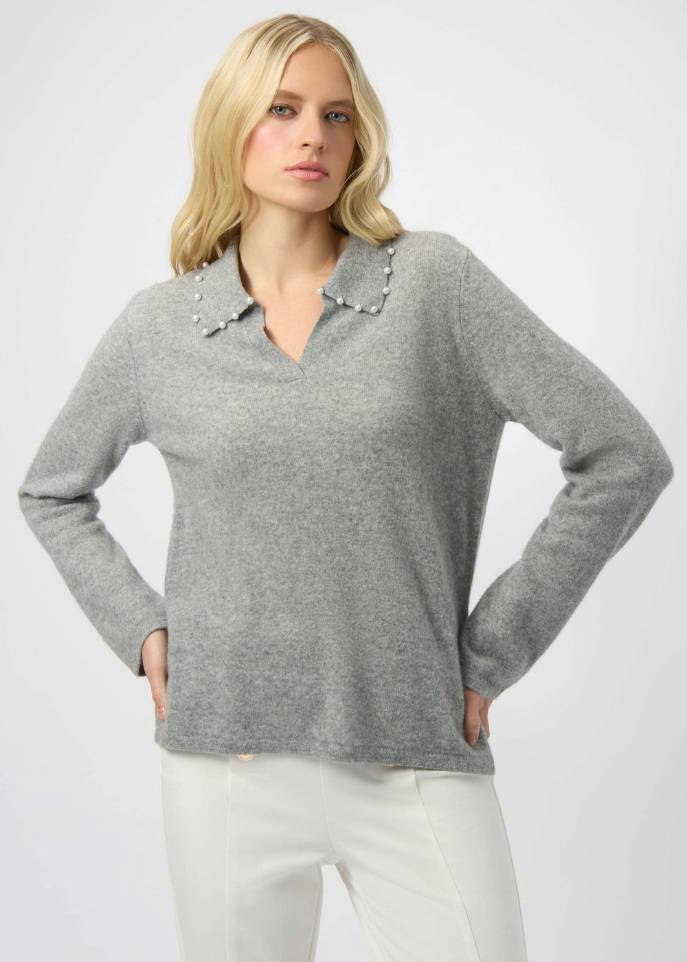 front view of plus size Joseph Ribkoff Cashmere Long Sleeve Sweater in Light Grey Melange
