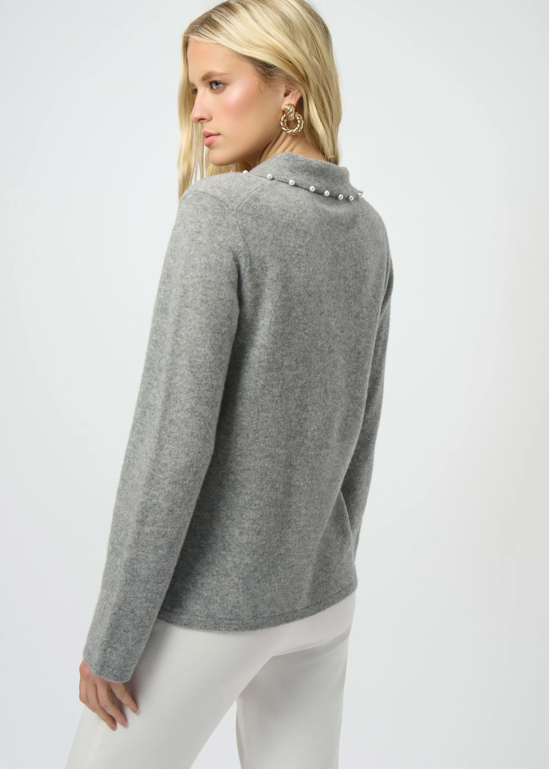 back view of plus size Joseph Ribkoff Cashmere Long Sleeve Sweater in Light Grey Melange