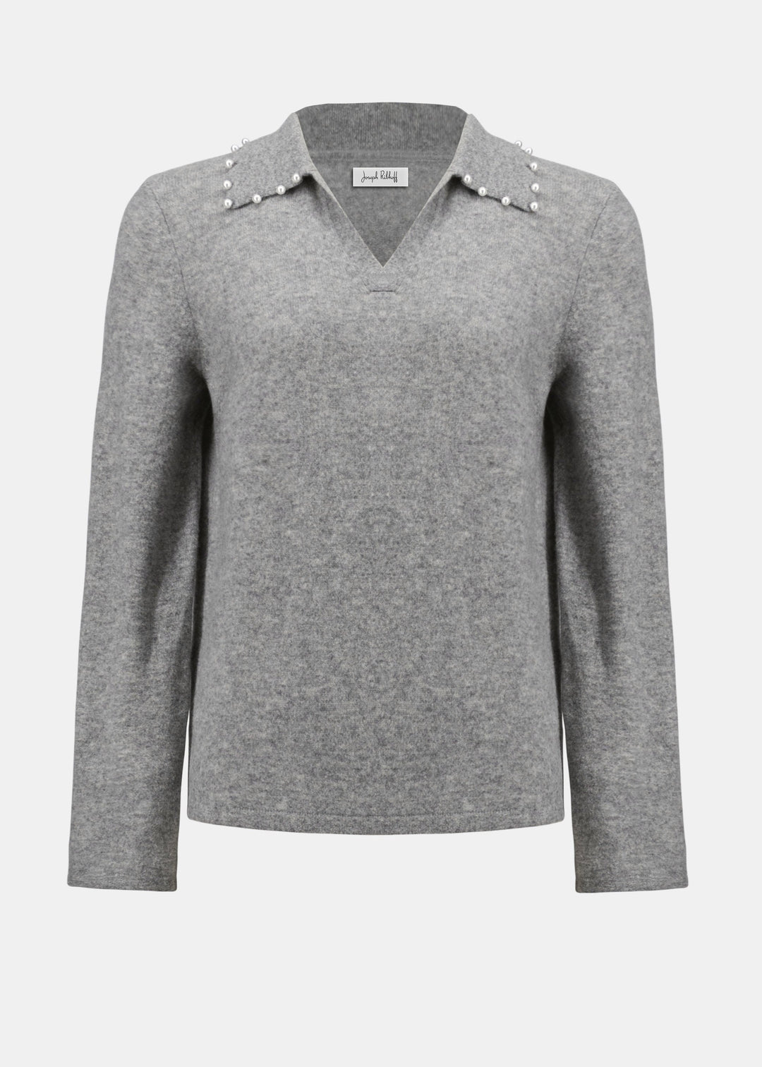 front view of plus size Joseph Ribkoff Cashmere Long Sleeve Sweater in Light Grey Melange