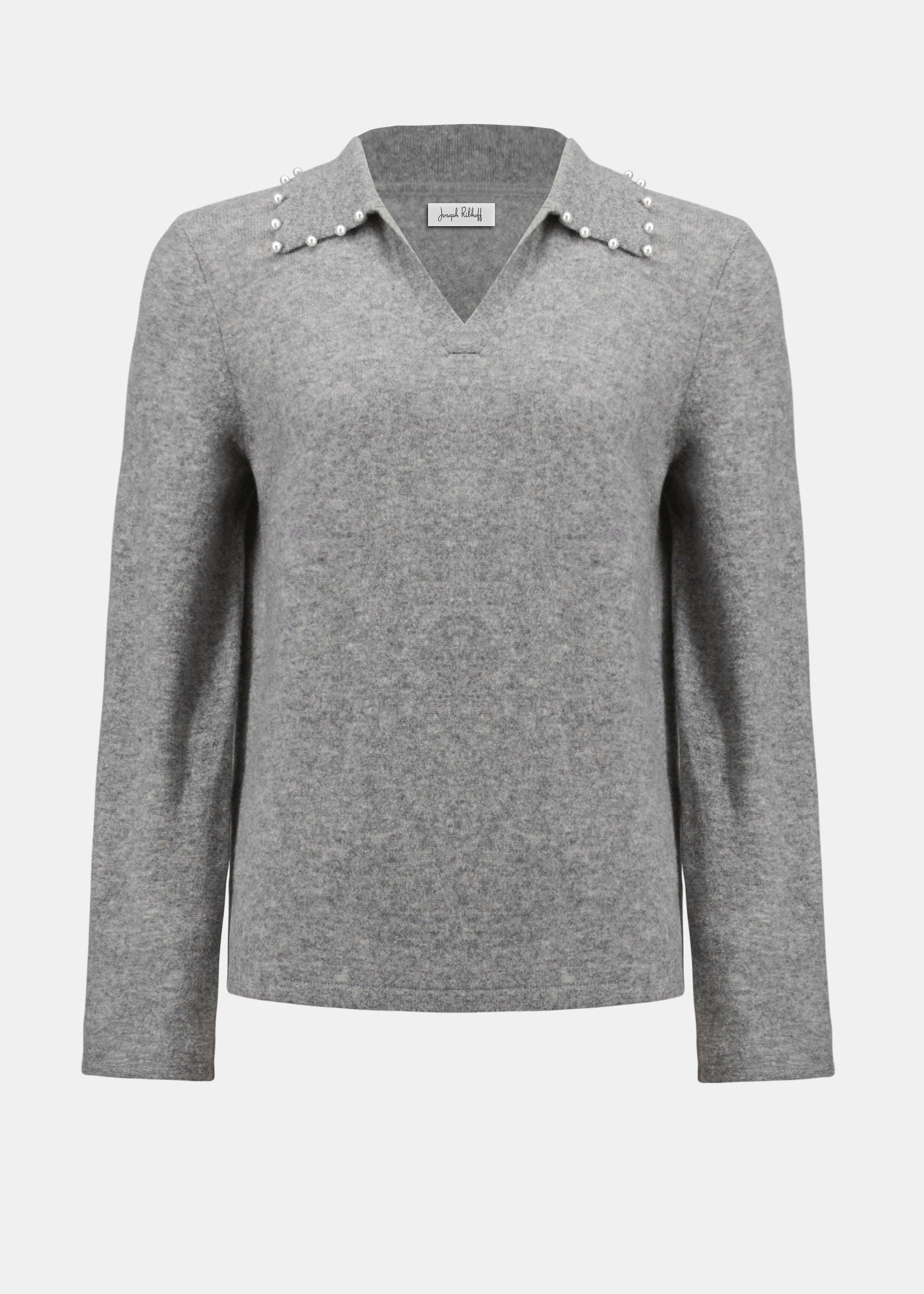 front view of plus size Joseph Ribkoff Cashmere Long Sleeve Sweater in Light Grey Melange