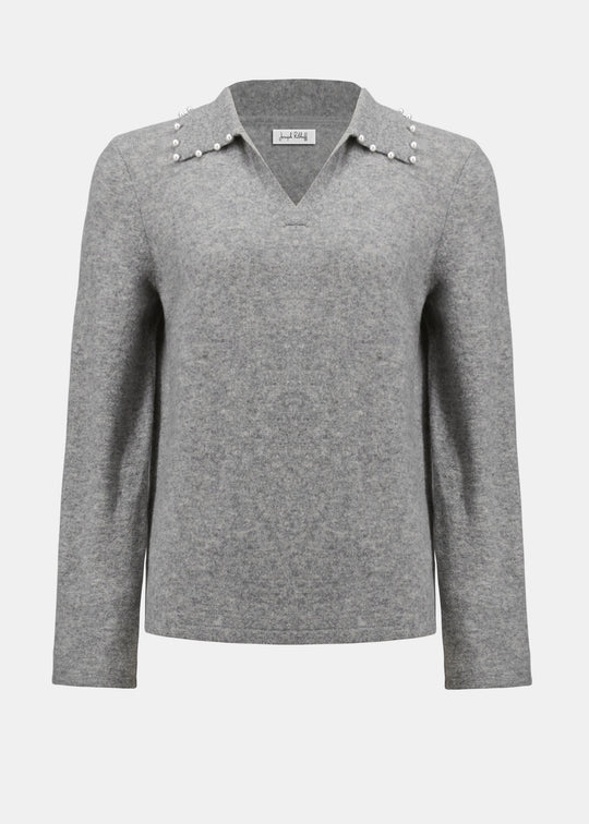front view of plus size Joseph Ribkoff Cashmere Long Sleeve Sweater in Light Grey Melange