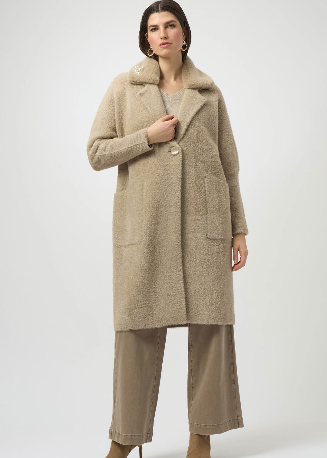 front view of plus size Joseph Ribkoff Feather Yarn and Faux Fur sweater Coat in Fawn