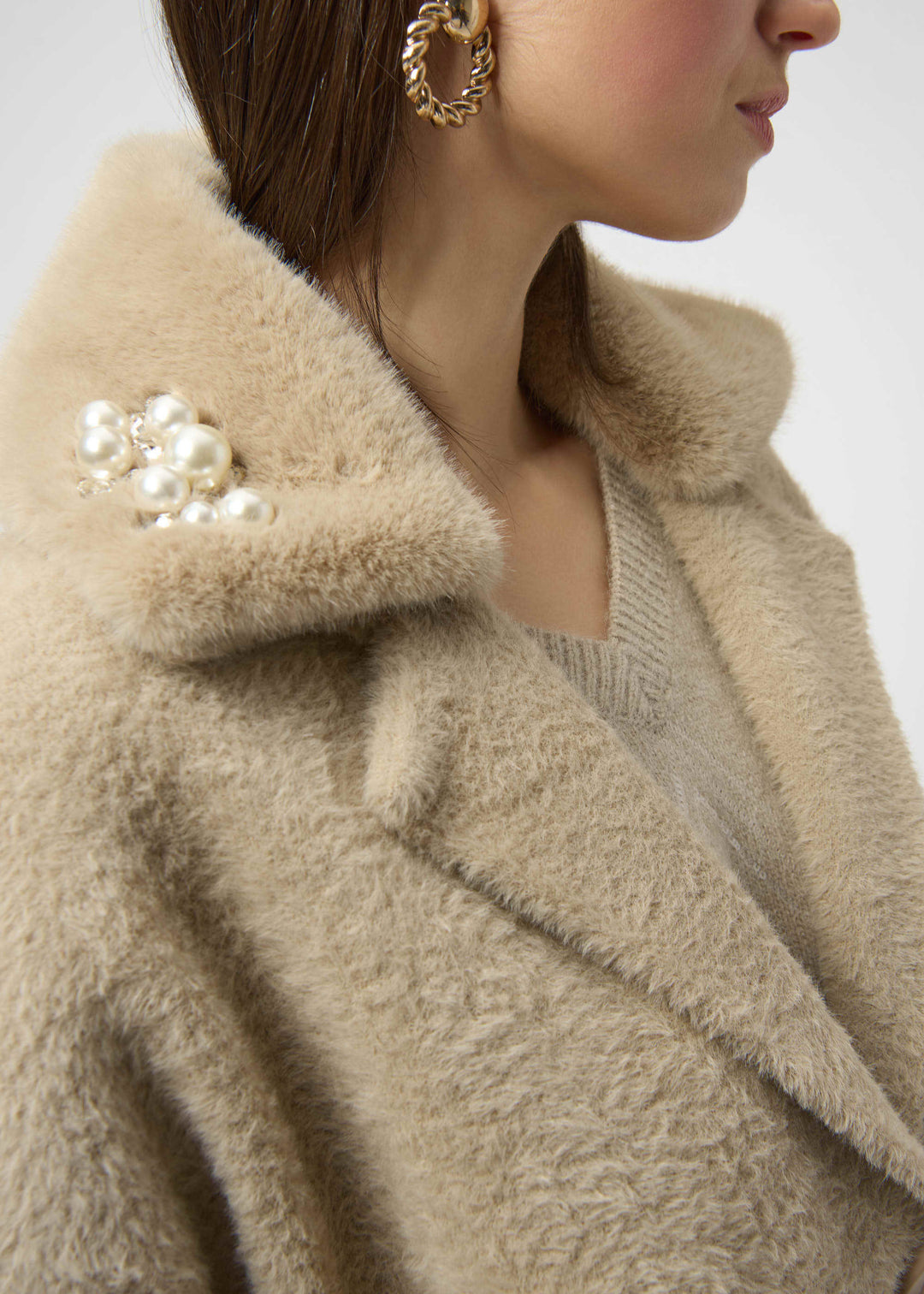 close up front view of plus size Joseph Ribkoff Feather Yarn and Faux Fur sweater Coat in Fawn
