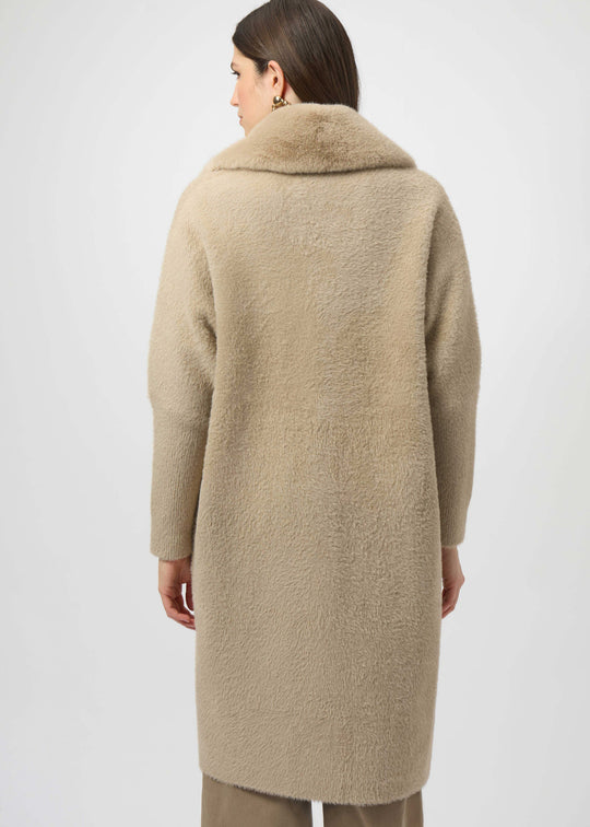 back view of plus size Joseph Ribkoff Feather Yarn and Faux Fur sweater Coat in Fawn