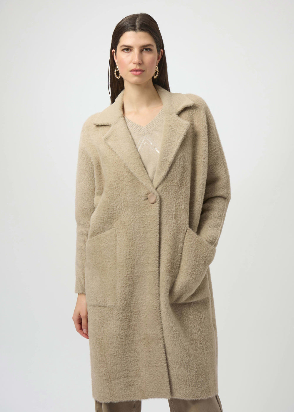 front view of plus size Joseph Ribkoff Feather Yarn and Faux Fur sweater Coat in Fawn