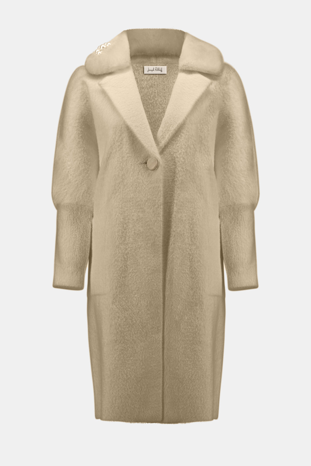 front view of plus size Joseph Ribkoff Feather Yarn and Faux Fur sweater Coat in Fawn