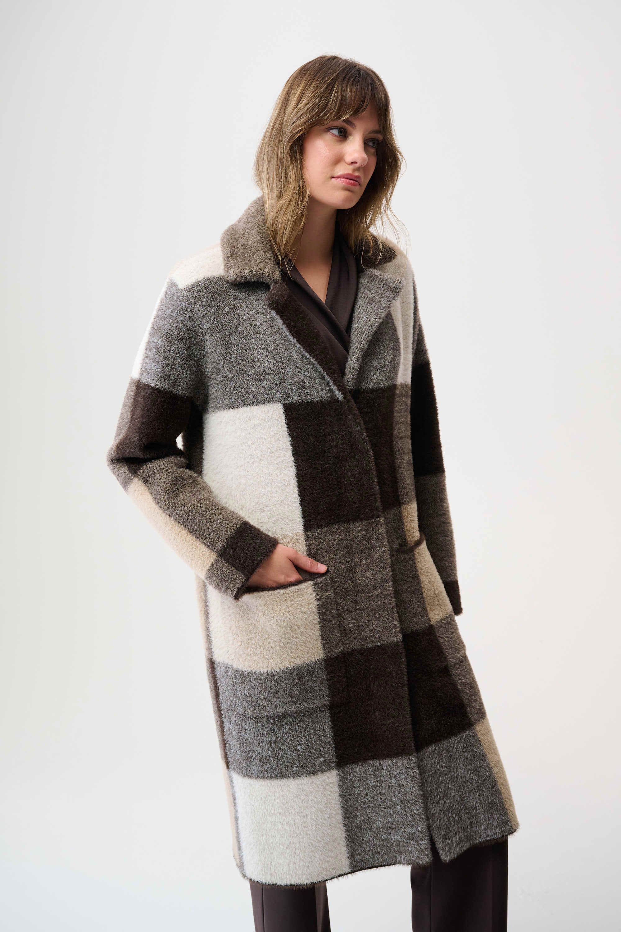 Joseph Ribkoff Feather Yarn Abstract Plaid Sweater Coat in Mocha